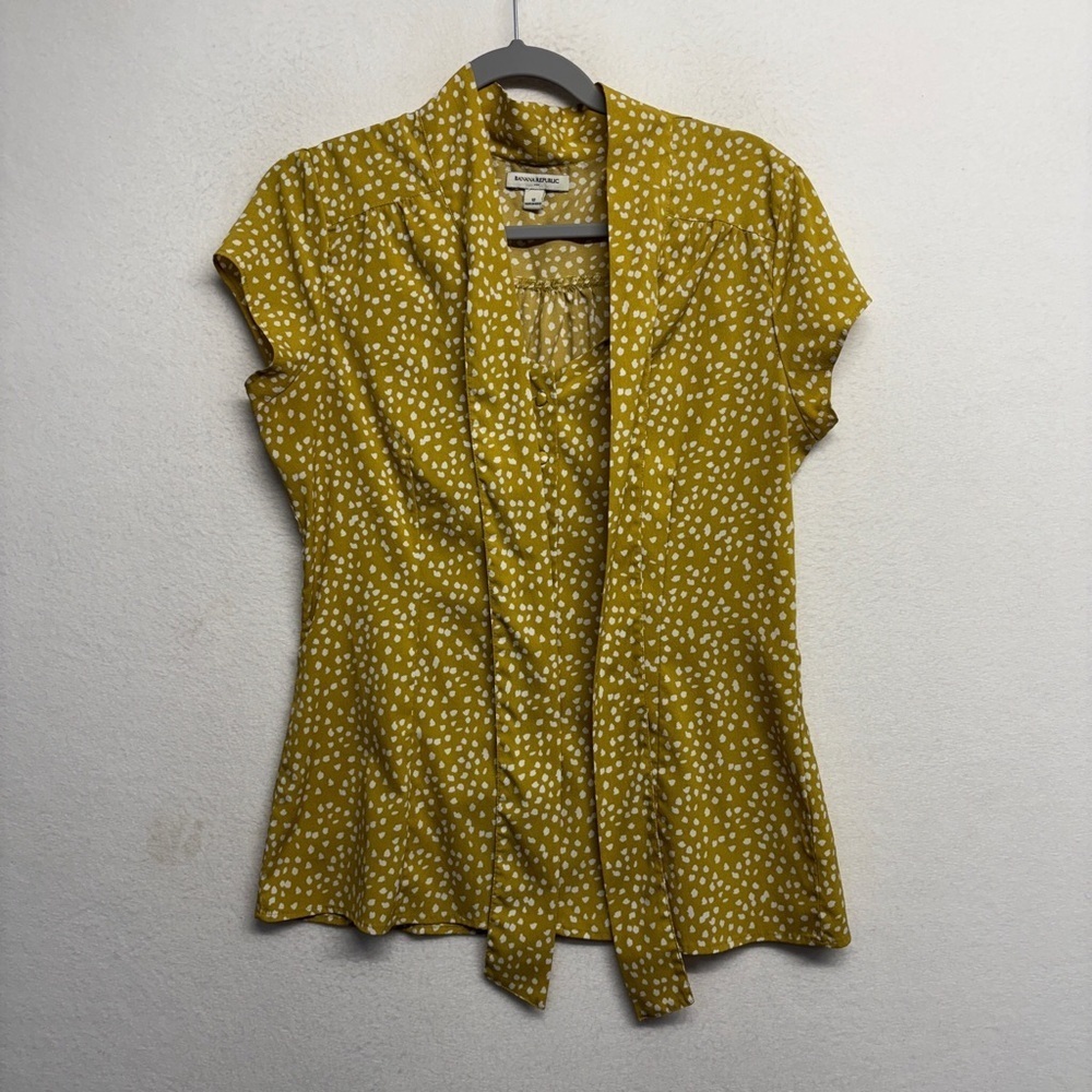 Banana republic mustard yellow button down blouse 12 tie neck short sleeve shirt - Picture 4 of 8